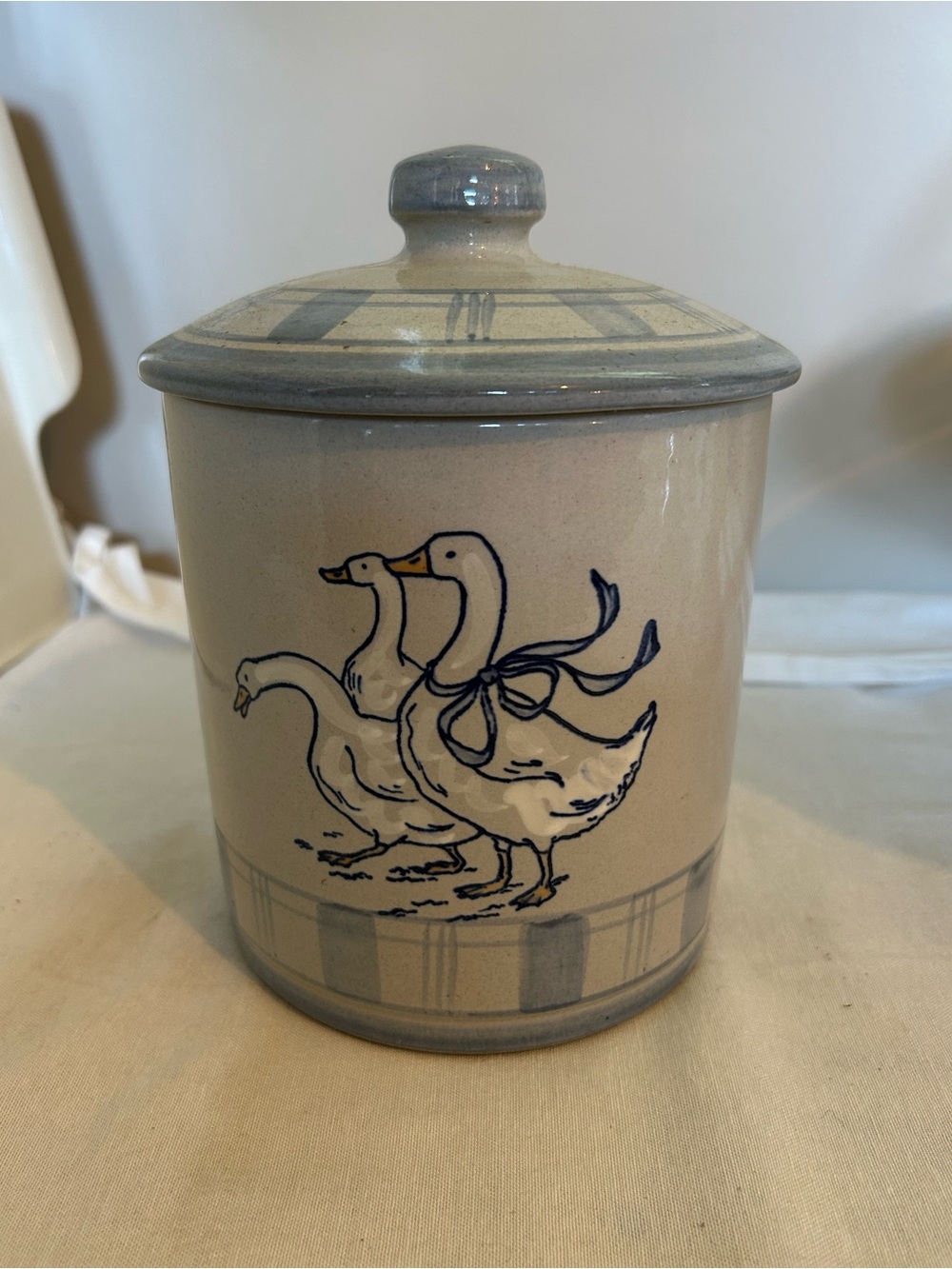 Ceramic Goose small Canister with Blue Trim Louisville stoneware